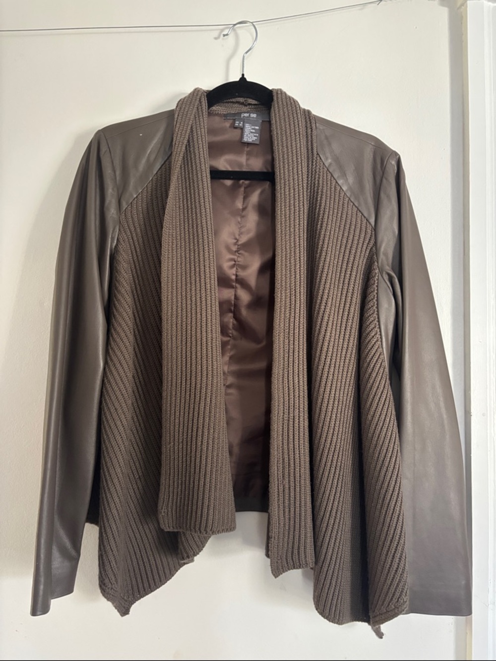 Per Se Brown Knit Front Jacket with Leather body and sleeves